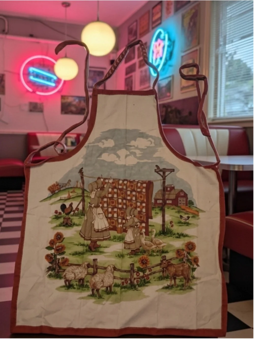 VintageCotton Bib Apron Adjustable Neck Strap Blue White Striped Farm Scene